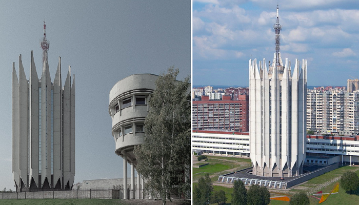 Композиция архитектурного комплекса основана на контрасте горизонтальных и вертикальных структур, последняя из которых и является самым впечатляющим элементом (ЦНИИ робототехники и технической кибернетики, Санкт-Петербург). 