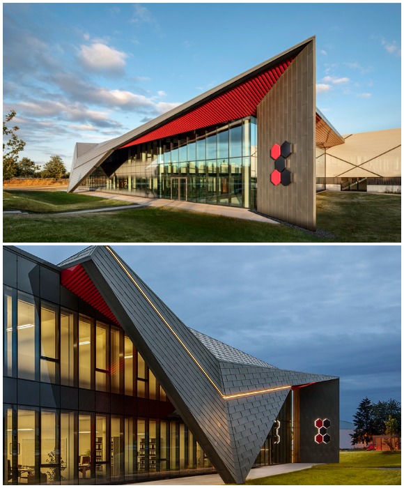 Динамичная, технологичная, футуристическая форма выступающей крыши передает ощущение скорости, уверенности и новаторства (Kirsch Pharma HealthCare Building, Ведемарк).