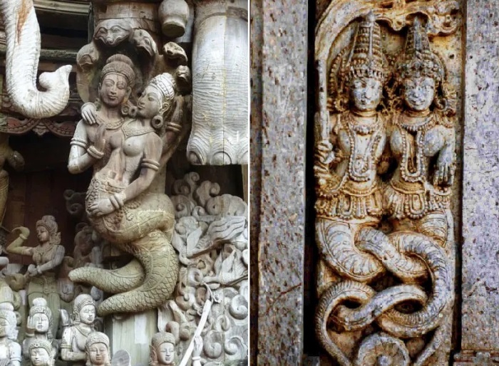 Изображения кобр и змей в храмовой скульптуре – одно из самых распространенных украшений. 