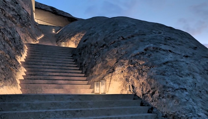 Попасть на территорию горного курорта Desert Rock можно по скрытой лестнице, которая огорожена каменными стенами, напоминающими огромные валуны (концепт). | Фото: franquicias-de-internet.info.