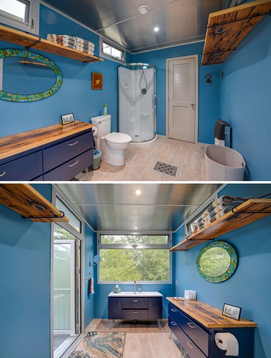 В контейнерном доме, установленном на высоте 18 метров, имеется и благоустроенная ванная комната (River Forest Lookout, США).