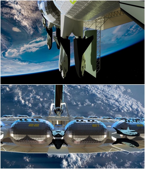 Стыковочные корабли помогут собрать космический отель в виде вращающегося колеса (концепт Gateway Spaceport класса Voyager).