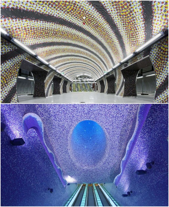 Фантастические интерьеры некоторых станций метро способны переместить в космические дали (станция Сент Геллерт тер в Будапеште и станция метро Толедо в Неаполе).