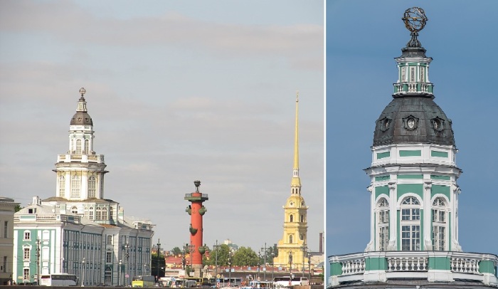 Кунсткамера на Стрелке Васильевского острова и башня, которую восстановили в 1947 году по сохранившимся чертежам (Санкт-Петербург). 