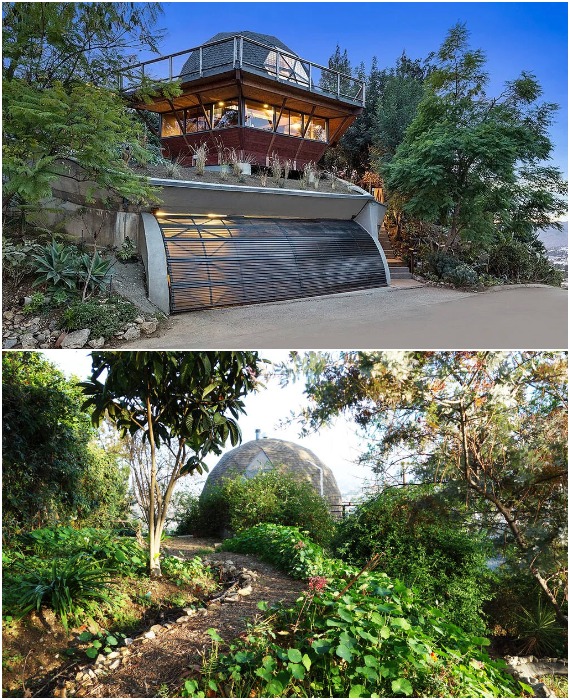 Утопающий в зелени купольный дом, расположен на вершине холма откуда открывается прекрасный вид на Лос-Анджелес и на живописный склон (Geodesic Dome House, США).