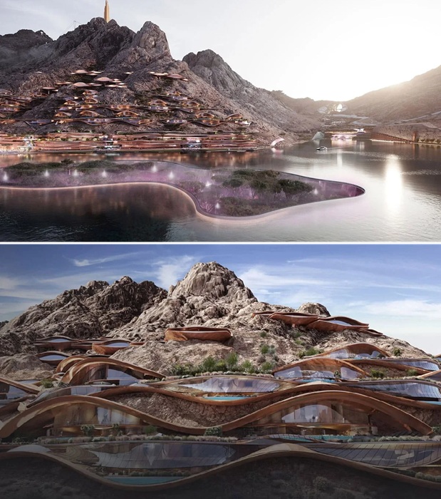 Роскошные корпуса замаскированы под горный склон. Роскошные корпуса замаскированы под горный склон.