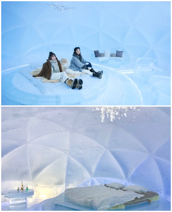 Куполообразная структура номера высечена из цельного куска льда (Ice Village Tomamu, Япония).