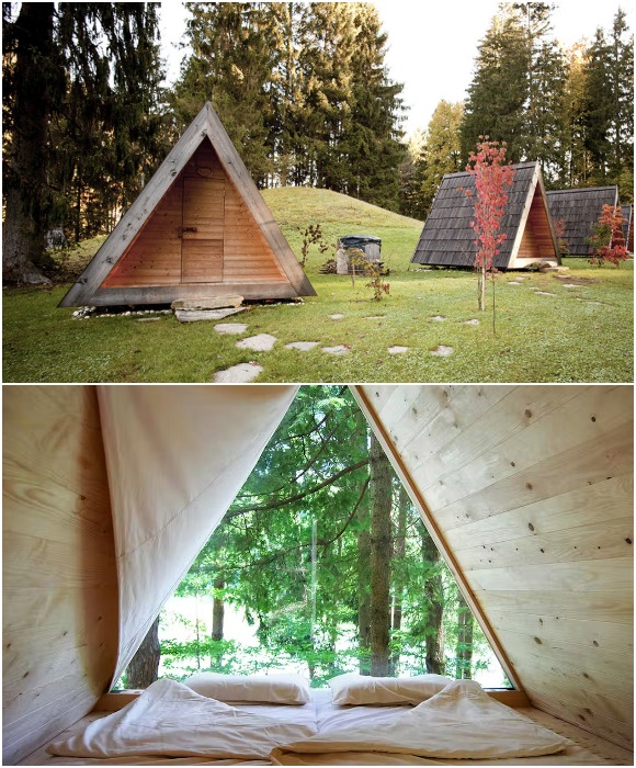 Треугольные лесные избушки Lushna – прекрасная альтернатива палатке, которые могут стать основными структурными объектами глэмпинга.