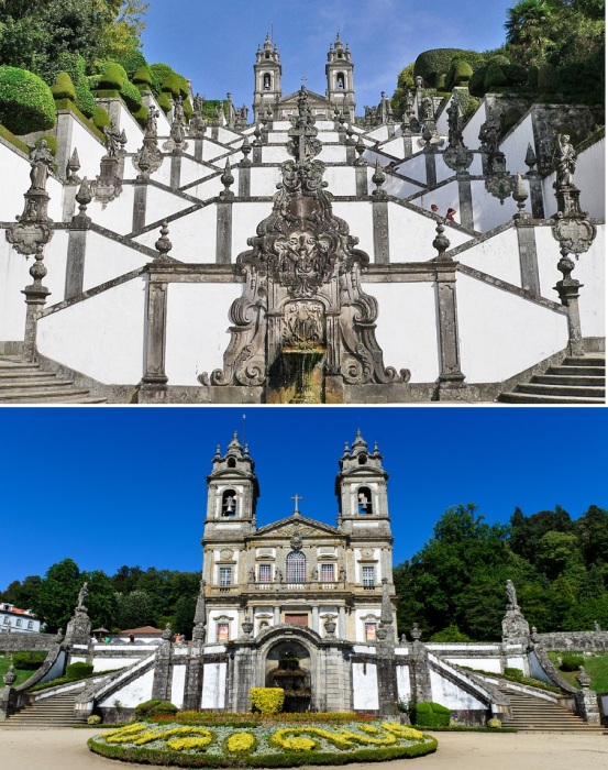 Витиеватые ступени и роскошное оформление двухмаршевой лестницы много веков вызывают благоговение не только у прихожан и паломников (Santuário do Bom Jesus do Monte, Португалия).