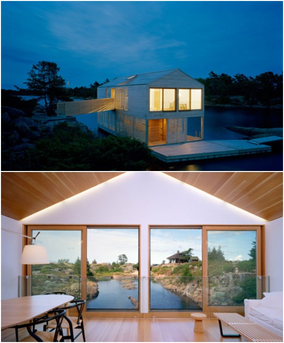 Фасад дома покрыт защитным экраном из кедровых досок, а в интерьере преобладает натуральная древесина (озеро Гурон, Канада).