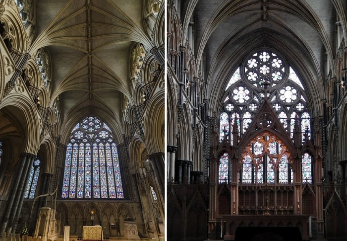 Линкольнский кафедральный собор Девы Марии, восточное окно и хор ангелов, а также витражи южного фасада (Великобритания).