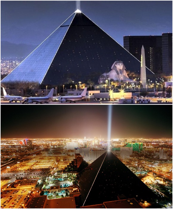 Мощный луч света озаряет ночное небо над Лас-Вегасом, привлекая многочисленных посетителей, туристов и мошек (Luxor Las Vegas, штат Невада). 