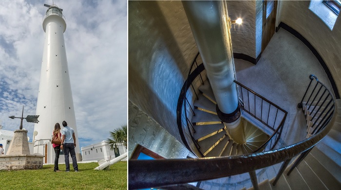 Чтобы насладиться красотой Карибского побережья, придется преодолеть 185 ступеней по винтовой лестнице, ведущей в фонарную комнату и балкон (Маяк Гиббс-Хилл, Бермудские острова).