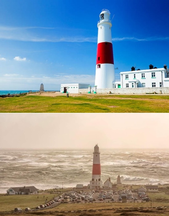 Портленд-Билл – отличное место для обзора и наблюдения за штормами, когда в суровую погоду о скалистую береговую линию бьются огромные волны (Дорсет, Великобритания).