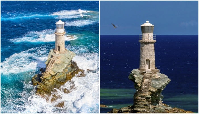 Скалистый островок с одинокой сигнальной башней превратились в визитную карточку острова Андрос, несмотря на то, что это новодел, хоть и созданный по старинным чертежам (Tourlitis Lighthouse, Греция).