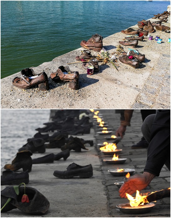 Жители Будапешта и гости оставляют цветы и зажигают в память о загубленных жизнях евреев свечи и лампадки (Мемориал «Туфли на набережной Дуная»).