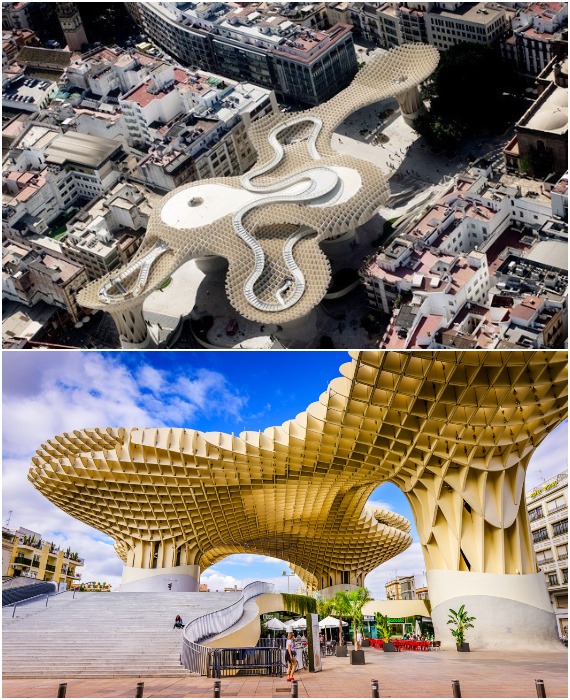 В самом сердце Севильи находится крупнейшее в мире деревянное сооружение, ставшее популярной туристической достопримечательностью (Metropol Parasol, Испания). 