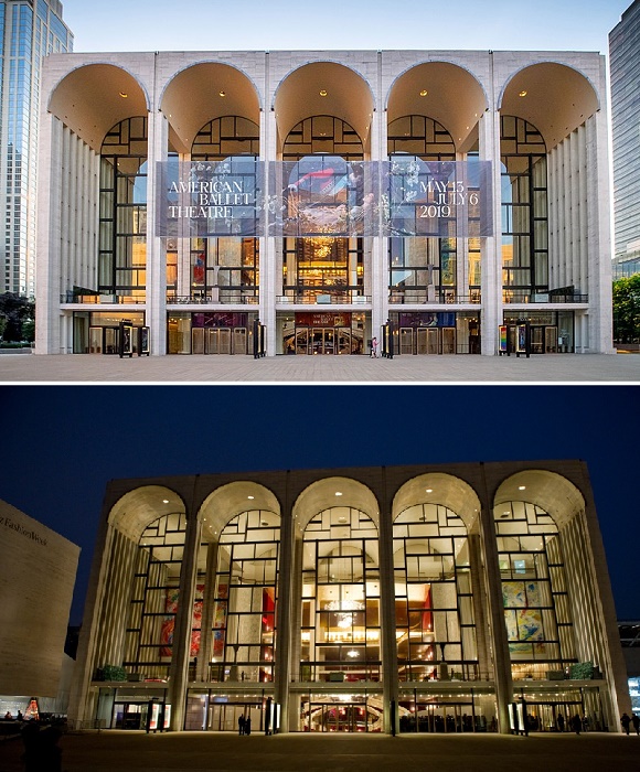 Новое здание оперного театра, спроектированное Уоллесом К. Харрисоном находится в Линкольн-центре (Metropolitan Opera, Нью-Йорк).