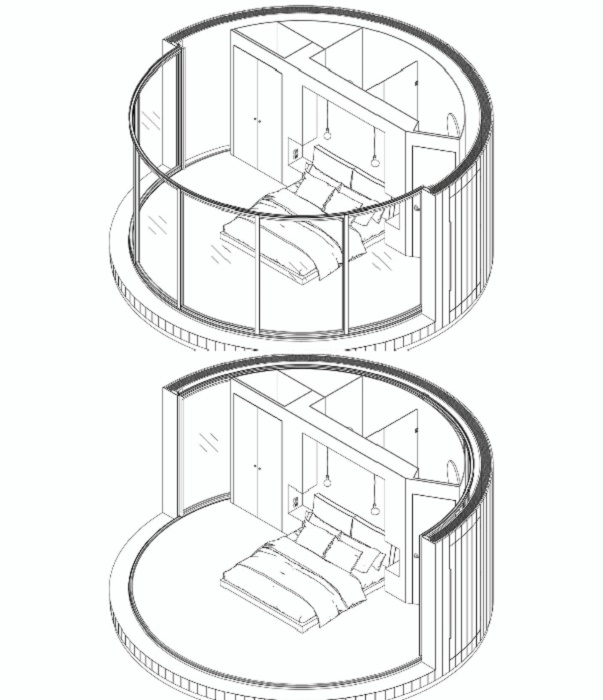 План-чертеж лесного домика LumiPod, который можно использовать не только в качестве отельного номера.