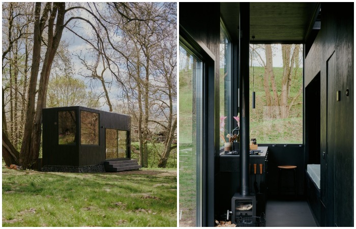 Для сборки модульного домика, площадь которого составляет 18 кв. метров, использовали только дерево и стекло (Raus Cabin, Германия).