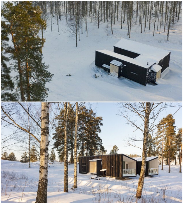 Темный цвет модулей обеспечивает эстетическую привлекательность в окружении пышного леса (Uni Villas, Финляндия). 