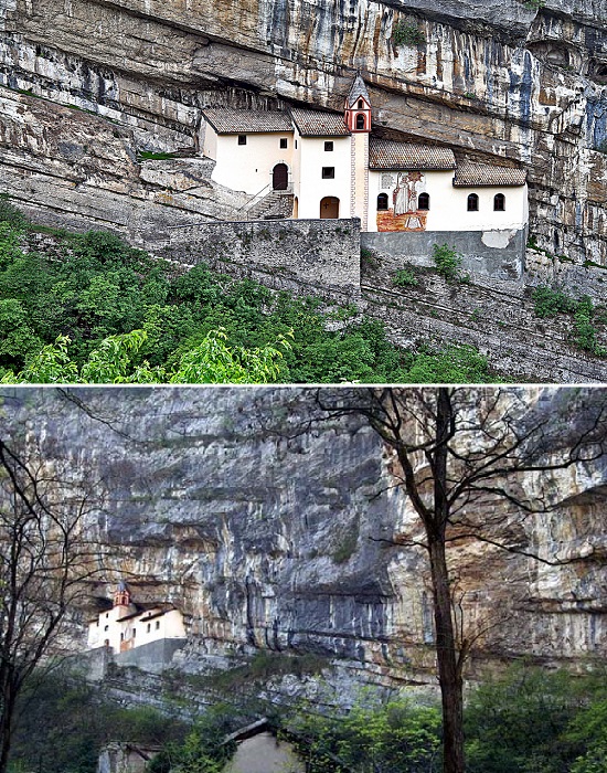 Древнейший католический монастырь Сан-Коломбано завис между вершиной перевала и горным ручьем Лено, проходящем на дне ущелья (Тренто, Италия).