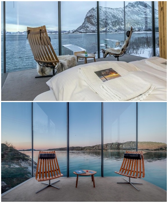 Из каждой «Морской каюты» открывается потрясающий панорамный вид, которым можно наслаждаться, лежа в кровати или развалившись в удобных креслах (Manshausen Sea Cabins, Норвегия). 