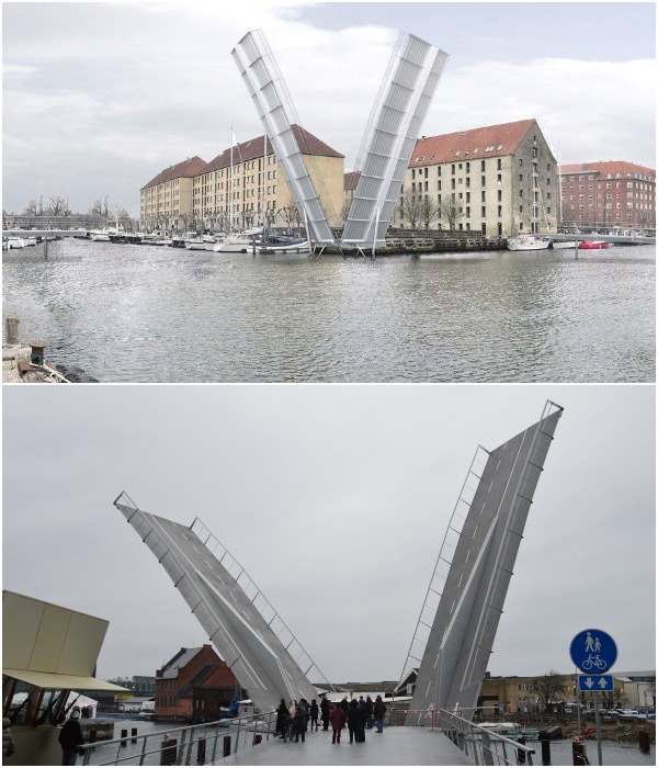 Два 23-метровых «крыла» моста при подъеме создают образ гигантской бабочки (Butterfly Bridge, Копенгаген).