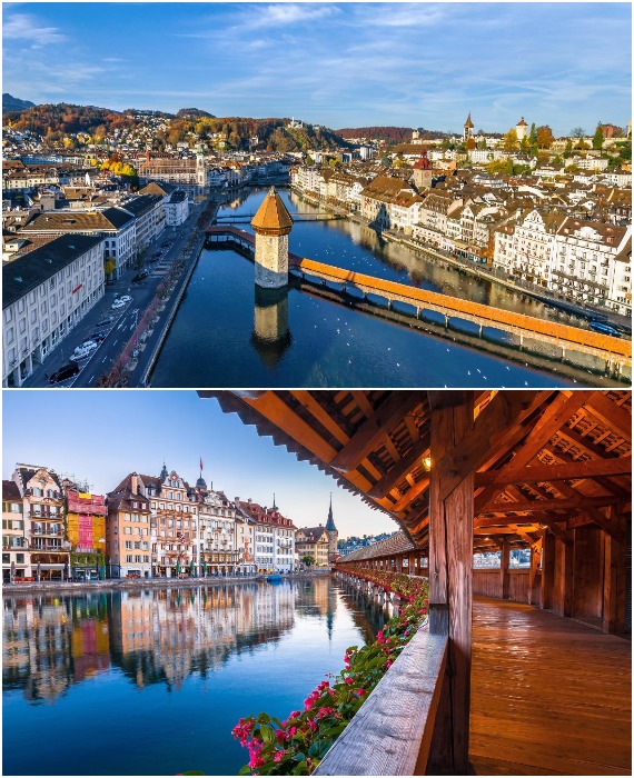  Деревянный крытый мост Капелльбрюкке в Люцерне – самый старый крытый деревянный мост Европы, который до сих пор является функциональной переправой (Швейцария).