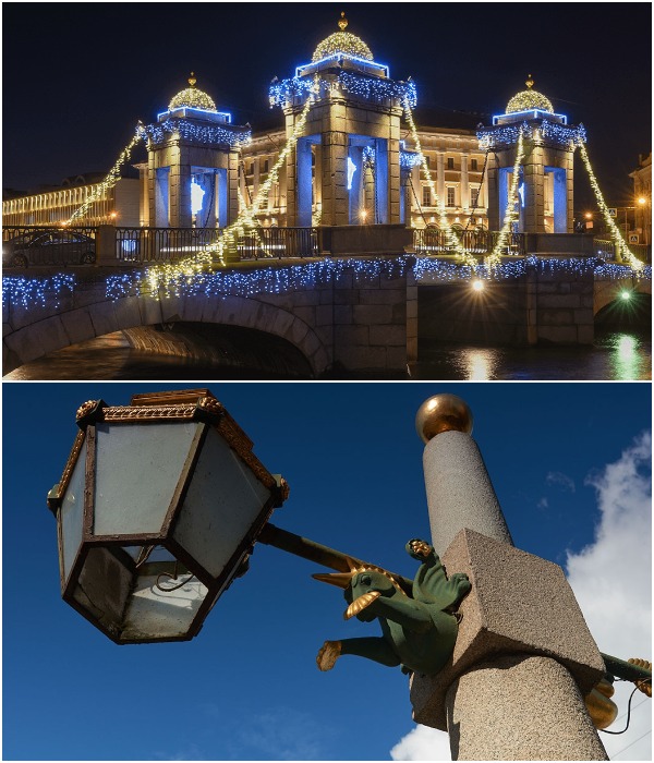 Мост Ломоносова украшают монументальные башни из гранита и каменные мосты с фонарями (Санкт-Петербург).