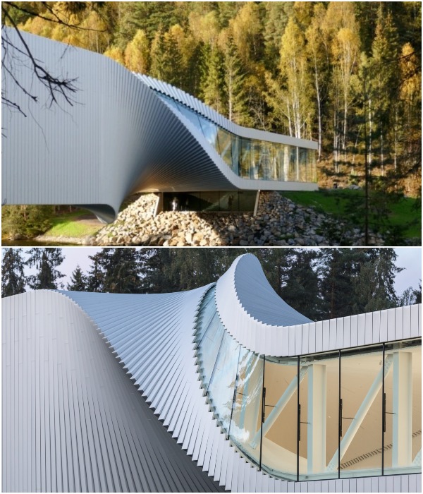 Музей-мост The Twist имеет экстравагантную конструкцию, покрытую алюминием, она повернута на 90 градусов (Евнакер, Норвегия).