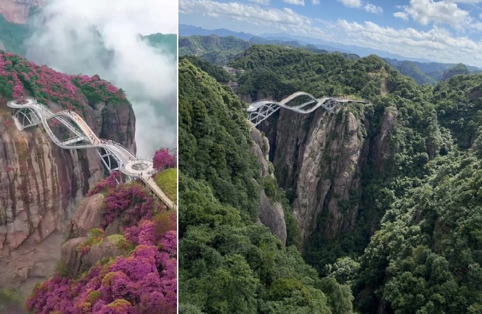 Живописная природа притягивает любителей пощекотать себе нервы, переправляясь через 140-метровое ущелье по удивительно прекрасному мосту (Ruyi Bridge, Китай).