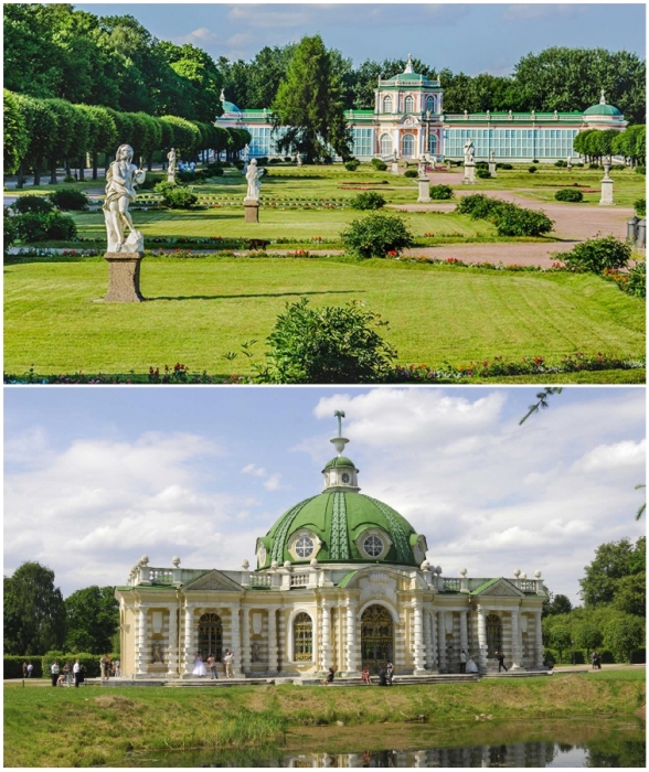 Пейзажный парк, мраморные скульптуры, пруды и лужайки стали прекрасным дополнением к архитектурному ансамблю (Кусково, оранжерея и павильон «Грот»).