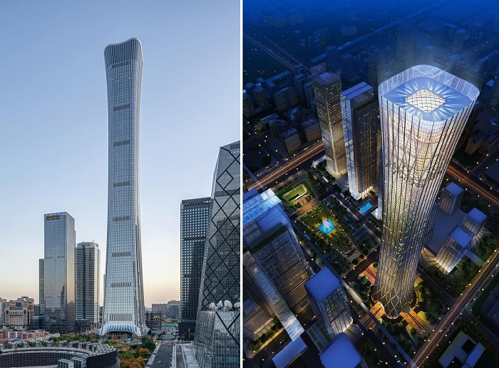 Конструкция небоскреба China Zun Tower повторяет форму древнего ритуального сосуда, что делает его эстетически привлекательным и устойчивым к землетрясениям (Пекин, Китай). 