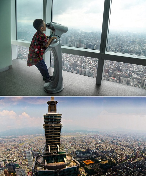 Внутренняя и внешняя смотровые площадки, созданные на вершине одного из самых величественных небоскребов мира (Тайбэй 101. Тайвань). 