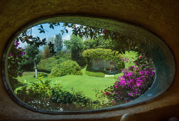 Вид из окна на зеленый ковер лужайки и цветущие кусты (Organic House, Мексика). | Фото: amazingarchitecture.com.