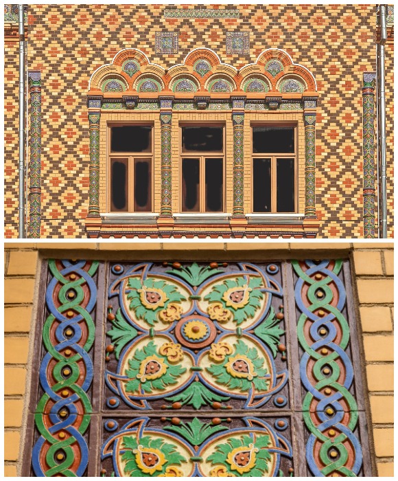 Фрагменты фасада, украшенные многоцветным облицовочным кирпичом и ярким декором (Особняк Лопатиной, Большая Никитская).