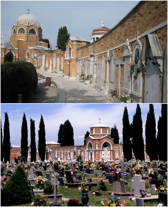 Вокруг древней церкви Сан-Микеле вначале хоронили лишь избранных венецианцев, а затем весь остров стали использовать в качестве общественного кладбища (Венецианская лагуна, Италия). 