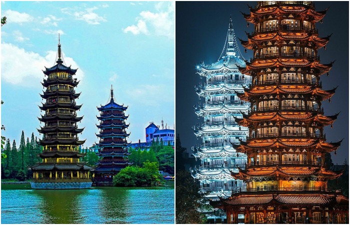 Величественные пагоды были построены в 2001 году на месте обветшалых башен-близнецов Солнца и Луны династии Тан (Гуйлинь, Китай).