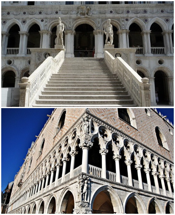 Готический фасад с портиками и колоннадой, а также «Лестница гигантов» (Палаццо Дукале, Венеция).