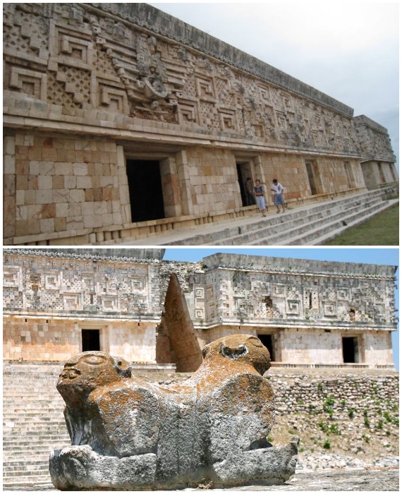 Отлично сохранился щедро задекорированный фасад Palacio del Gobernador (Ушмаль, Мексика).