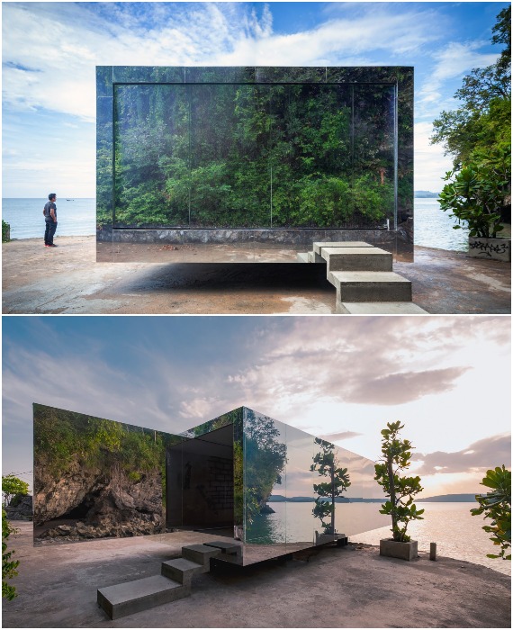 Поворотная зеркальная панель открывает вход в павильон, часть которого находится в воде, чтобы посетители ощутили неразрывную связь с морем, куда садится солнце (No Sunrise No Sunset, Таиланд).