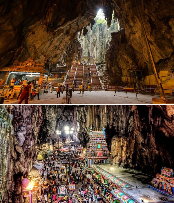 Пещера Главного храма поражает величием природной структуры и яркими красками храмовых сооружений (Batu Caves, Малайзия).