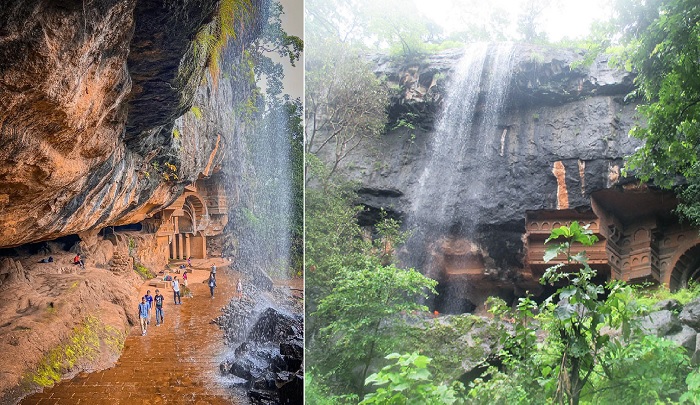 Скальный архитектурный комплекс, спрятанный за буйной зеленью и потоками воды, – самая популярная достопримечательность региона (The Kondana Caves, Индия). 