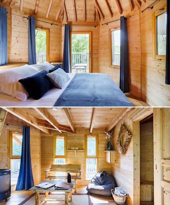 Уютная спальня и гостиная в домике на дереве (Elaho Spa Cabin, Франция).