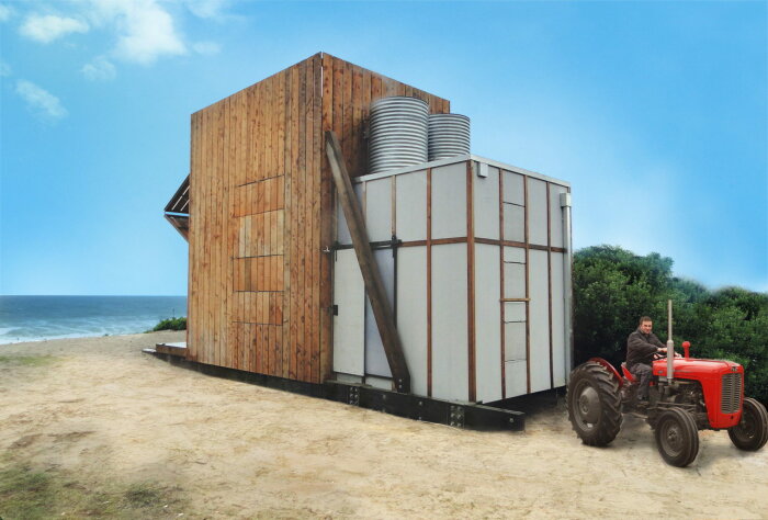 С помощью салазок и небольшого трактора, домик можно перевезти в безопасное место, не прибегая к демонтажу строения («Хижина на санях», Новая Зеландия). | Фото: wowowhome.com.