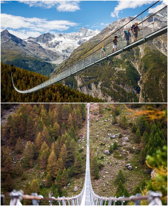 Движение по раскачивающемуся подвесному мосту с сетчатым полотном – еще то развлечение (Charles Kuonen Hängebrücke, Швейцария).