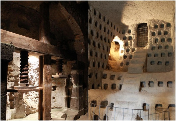 В подземных лабиринтах сохранились маслобойни, винные погреба, таинственные колодцы и несколько некрополей этрусского периода (Орвието, Италия).