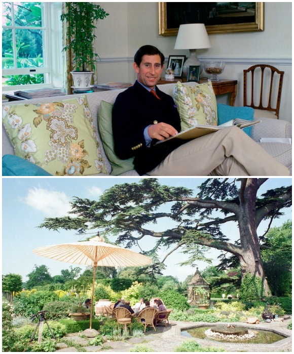 Интерьер одной из гостиной комнат и зона отдыха в саду, где Леди Диана построила деревянный домик для своих сыновей (Highgrove House, Великобритания).