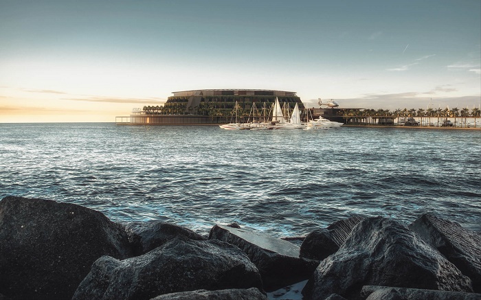 Самодостаточный Qatar's Eco-Floating Hotel можно устанавливать у любого побережья (концепт). | Фото: luxurylaunches.com.